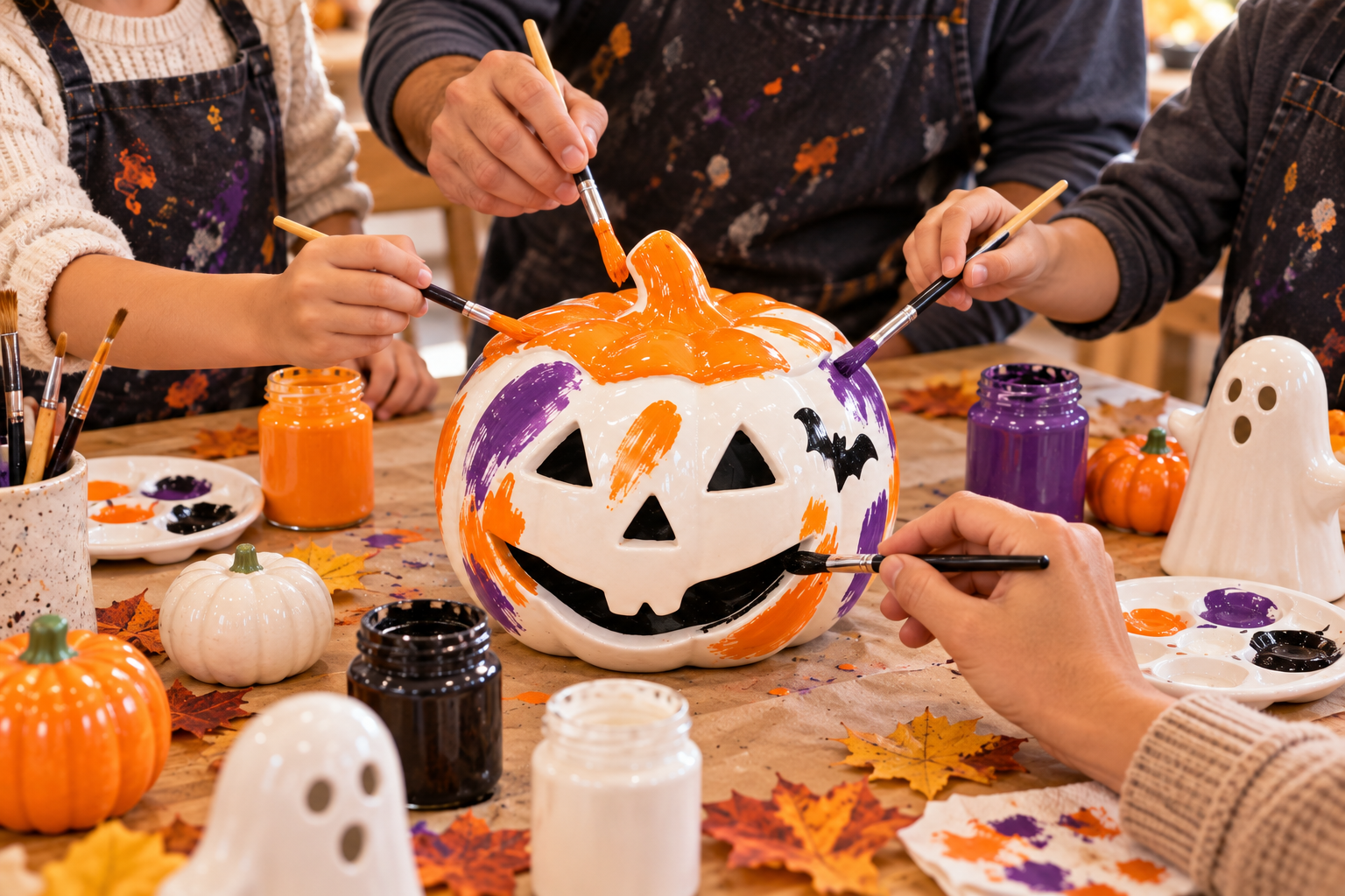 Familia decorando cerámica para Halloween en Benissanet